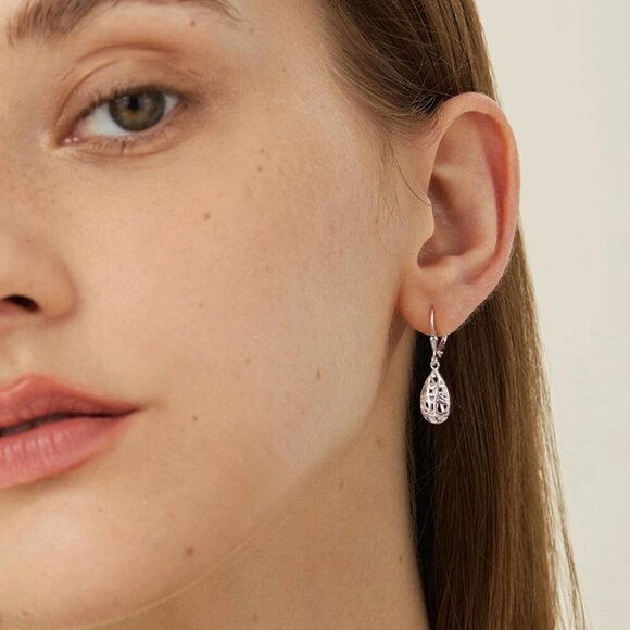 925 Sterling C-Silver Dainty Teardrop Dangle Leverback Trendy Earrings for Women - Picture 2 of 7